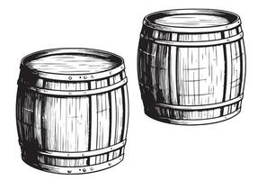 Oak wooden barrel ink illustration. Hand drawn engraving style barrel with crane . Vintage vector