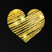 Heart with golden glittering scribble paint on dark background. Background with gold sparkles and glitter effect. Empty space for your text. Vector illustration