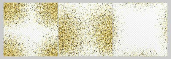 Set of three gold glitter confetti backdrops isolated on white backgrounds. Celebratory texture with shining light effect. Vector illustration.