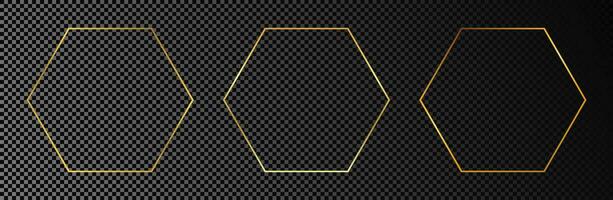 Set of three gold glowing hexagon frames isolated on dark background. Shiny frame with glowing effects. Vector illustration.