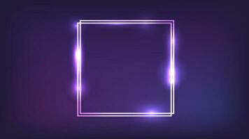 Neon double square frame with shining effects on dark background. Empty glowing techno backdrop. Vector illustration.