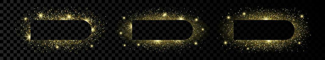 Set of three golden frames with glitter, sparkles and flares on dark background. Empty luxury backdrop. Vector illustration.