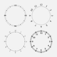 Clock faces on a white background. Set of four 12 hours watch dials with round scale. Vector illustration