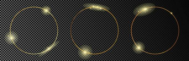 Set of three gold glowing circle frames isolated on dark background. Shiny frame with glowing effects. Vector illustration.