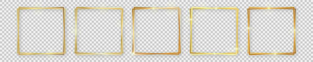 Set of five double gold shiny square frames with glowing effects and shadows on background. Vector illustration