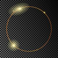 Gold glowing circle frame isolated on dark background. Shiny frame with glowing effects. Vector illustration.