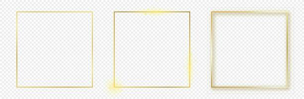 Set of three gold glowing square frames isolated on background. Shiny frame with glowing effects. Vector illustration.