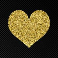 Gold glittering heart on dark background. Background with gold sparkles and glitter effect. Vector illustration