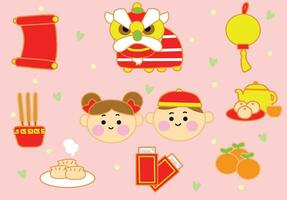 Icon set Lunar New year cute cartoon style. vector