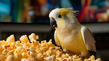 un amarillo y blanco loro se sienta en parte superior de Palomitas, ai generativo foto