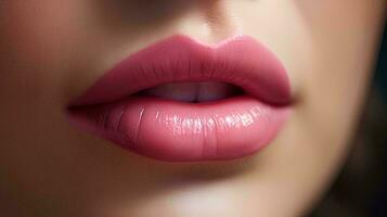 un cerca arriba de un mujer labios con rosado lápiz labial, ai generativo foto