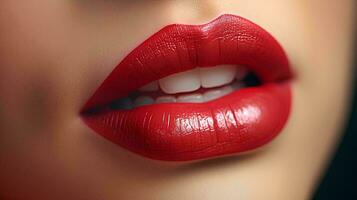 un cerca arriba de un mujer labios con rojo lápiz labial, ai generativo foto