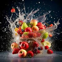 a basket of fresh fruit with a water splash effect, AI generative photo