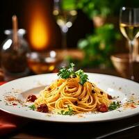 un plato de delicioso pasta fideos, ai generativo foto