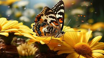 butterfly on yellow flowers with sun rays, AI Generative photo