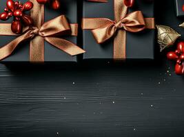 Black gift boxes arranged on dark background, black friday discounts concept photo