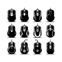 Simple black and white icon set depicting different types of computer mice a classic wired mouse a mouse with a scroll wheel vector