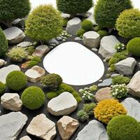 Garden decorated with rocks and flowers and plants isolated on white background. ai generative photo