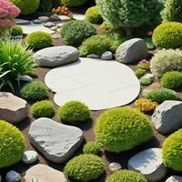 Garden decorated with rocks and flowers and plants isolated on white background. ai generative photo