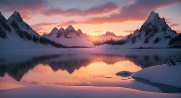 a frozen lake framed by snowdraped mountains and a vivid. ai generative photo