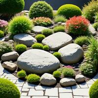 Garden decorated with rocks and flowers and plants isolated on white background. ai generative photo