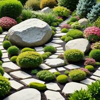 Garden decorated with rocks and flowers and plants isolated on white background. ai generative photo