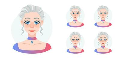 Cartoon young pretty girl avatar set. Beaulifull blue eyed doll with face expressions. Princess with crystal necklate and gray hairs vector