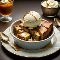 caramelized banana bread pudding served with a decadent bourbon-infused sauce and a scoop of vanilla bean ice cream. ai generative photo