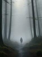 A solitary figure walking through a misty forest. ai generative photo