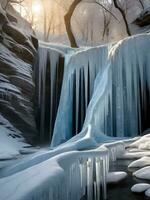 A frozen waterfall, its cascading waters transformed into shimmering. ai generative photo