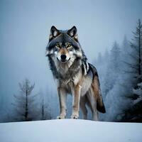 un solitario lobo en pie con orgullo en un cubierto de nieve colina. ai generativo foto