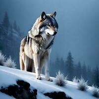 A lone wolf standing proudly on a snow-covered hill. ai generative photo
