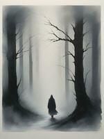A solitary figure walking through a misty forest. ai generative photo
