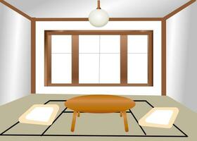 Japanese living room decorating by wooden sofa table made up from illustrations  for interior design concept vector