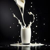 milk splash isolated on black background. ai generative photo