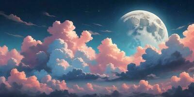 Background image about Fluffy clouds, beautiful colors and moon, modern aesthetic style. ai generative photo