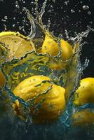 Water splashing on lemon in the style of precisionist art, Isolated white background. ai generative photo