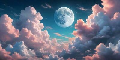 Background image about Fluffy clouds, beautiful colors and moon, modern aesthetic style. ai generative photo