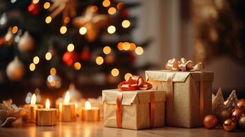 Cozy Christmas Decorations in a Living Room with a Glowing Bokeh Blur Background, Ornaments, and Gold-Wrapped Gifts, AI-generated photo