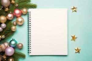 Top view blank diary page pastel, Festive Christmas things decorations beside, Space for Adding Text, AI-generated photo