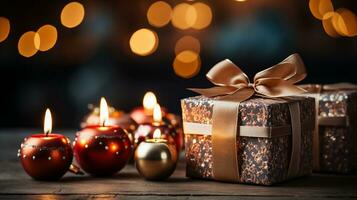 acogedor Navidad decoraciones en un vivo habitación con un brillante bokeh difuminar fondo, adornos, y envuelto en oro regalos, generado por ai foto