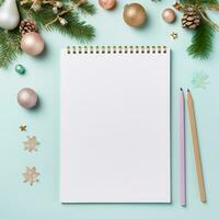 Top view blank diary page pastel, Festive Christmas things decorations beside, Space for Adding Text, AI-generated photo