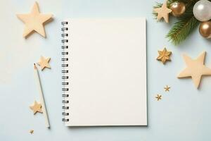 Top view blank diary page pastel, Festive Christmas things decorations beside, Space for Adding Text, AI-generated photo