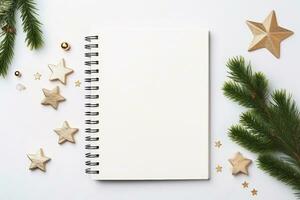 Top view blank diary page pastel, Festive Christmas things decorations beside, Space for Adding Text, AI-generated photo