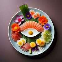 a white plate topped with sushi and vegetables, amazing food photography. ai generative photo