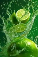 Water splashing on green lime. ai generative photo