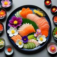 a black plate topped with sushi and vegetables, amazing food photography. ai generative photo