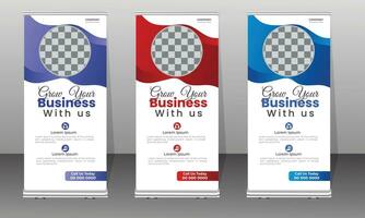 Modern Corporate Business Roll-Up Banner Design Template with multiple Color Blue, Red, Free Vector