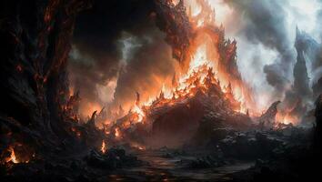 Infernal Abyss of Torment A bottomless land filled dark with terrifying rocks and burning fire. ai generative photo