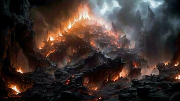 infernal abismo de tormento un sin fondo tierra lleno oscuro con espantoso rocas y ardiente fuego. ai generativo foto